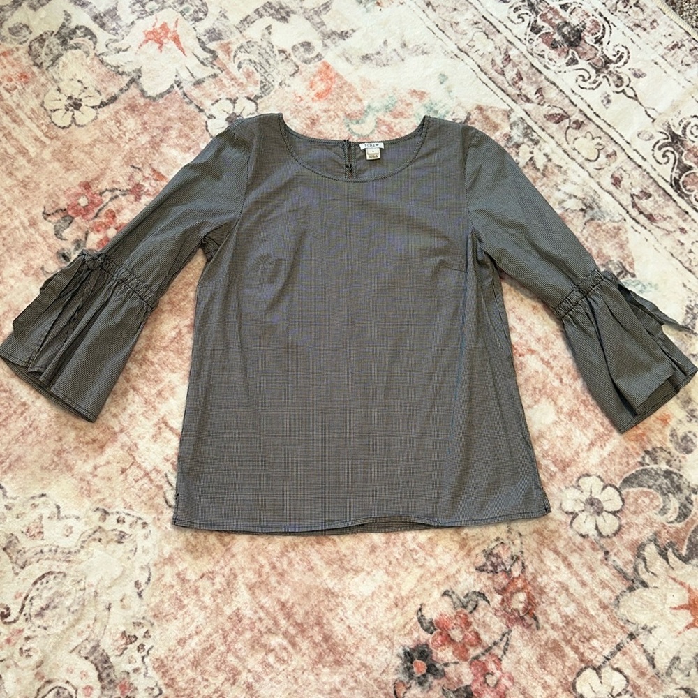 J. Crew black and white gingham 3/4 bell sleeve top, size small